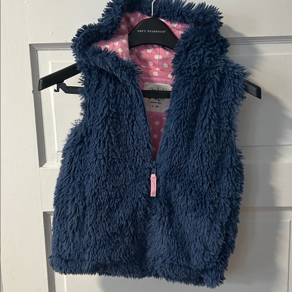 Mini Boden Blue Fuzzy Vest with Pink Polka Dot Lining
